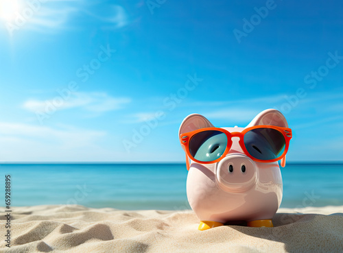 Piggy bank with sunglasses on the beach. Savings © ruang