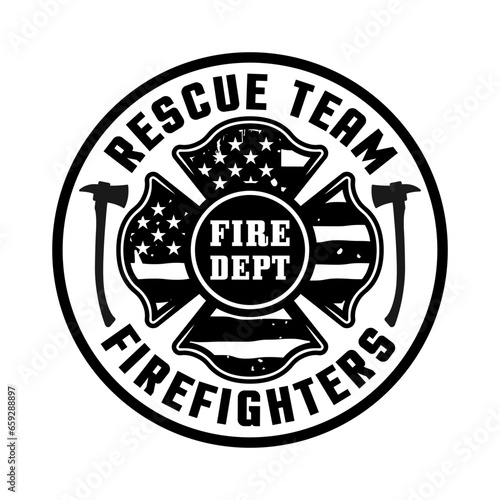 Firefighters vector round emblem, logo, badge or label design illustration in monochrome style with isolated on white background