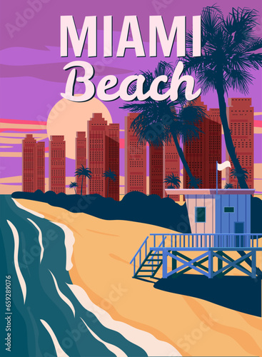 Miami Beach, City Skyline, Retro Poster. Sunset, Lifeguard house, coast, surf, ocean. Vector illustration vintage