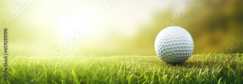 Golf ball on grass in fairway green background. Banner for advertising with copy space. Sport and athletic concept. 3D illustration rendering