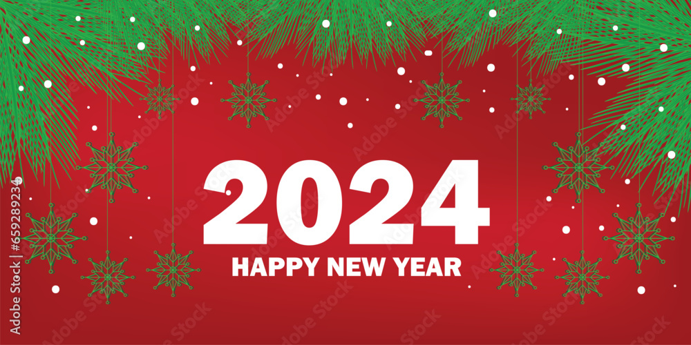 Christmas and happy new year 2024 and snowflakes, fir branches paper cut concept on red background