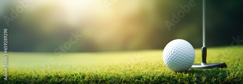 Golf ball on grass in fairway green background. Banner for advertising with copy space. Sport and athletic concept. 3D illustration rendering photo