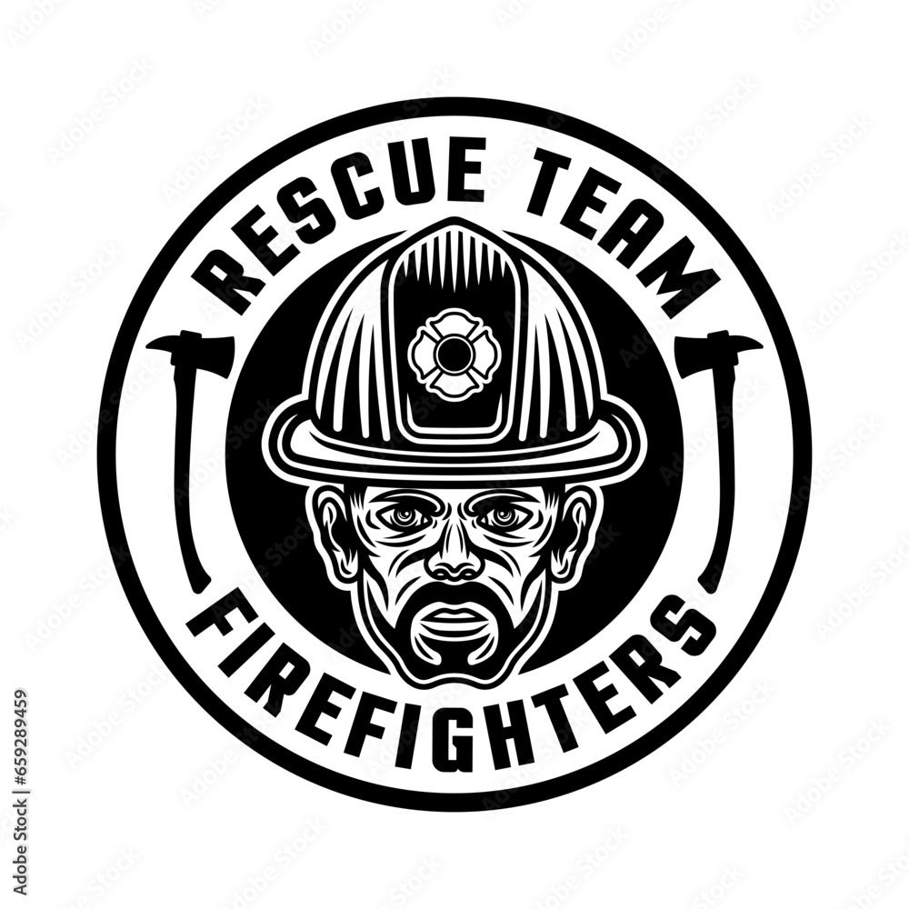 Obraz premium Firefighters vector round emblem, logo, badge or label design illustration in monochrome style with isolated on white background