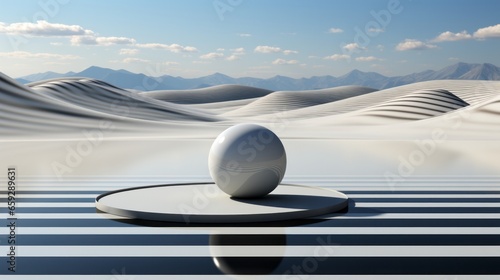 A white ball rests atop a desolate desert platform, the sky awash in clouds as a distant mountain range stands in stark contrast against the majestic landscape photo