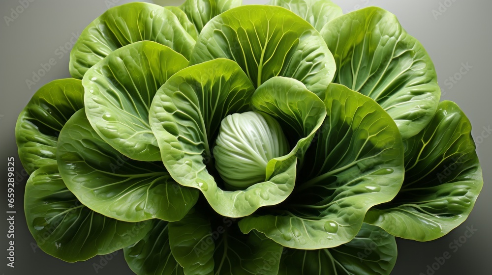 Obraz premium This vibrant close-up of a fresh vegetable plant reveals its intricate beauty, with the lush green leaves, delicate petals, and invitingly crisp cabbage and lettuce