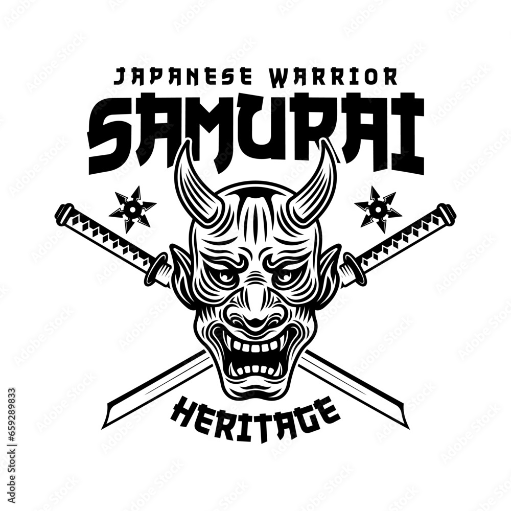 Fototapeta premium Samurai vector monochrome emblem, badge, label, logo isolated on white background