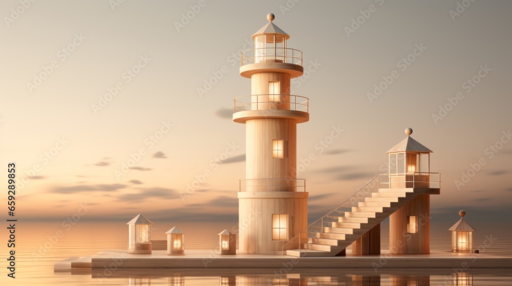 A majestic wooden lighthouse stands tall against a picturesque sky, its beacon beckoning adventurers to explore the vast outdoor waters at sunrise and sunset