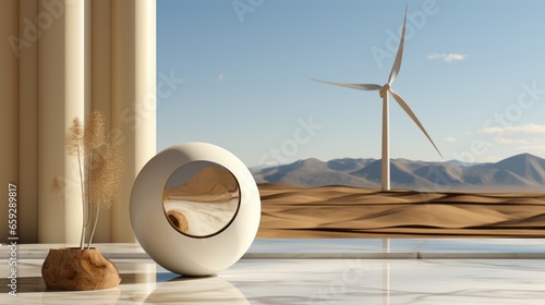 In the vast desert, a mysterious white device stands in stark contrast against the cloudy sky, a solitary wind turbine spinning silently in the background