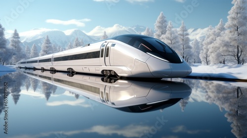 On a crisp winter day, sun glints off the snow-covered landscape, reflecting shining train below as it traverses through majestic mountains and serene lake, transporting passengers to distant skies