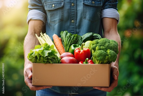 Man holding grocery shopping bag full of fresh vegetables and fruits standing in the supermarket. Food delivery service