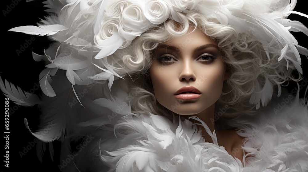 A captivating portrait of a woman dressed in a stunning fashion of white feathers and flowers, her cascading ringlets framing her face, conveying a sense of beauty, grace, and poise A captivating portrait of a woman dressed in a stunning fashion of white feathers and flowers, her cascading ringlets framing her face, conveying a sense of beauty, grace, and poise