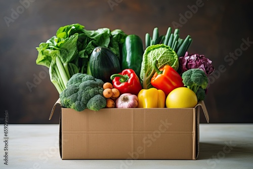 Box with fresh organic vegetables and fruits. Healthy food shopping concept