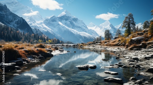 A majestic river winding through a stunning alpine landscape, surrounded by snow-capped mountains, trees, clouds, and wild waters reflecting the grandeur of the wilderness