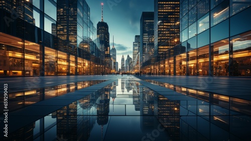 A stunning night view of the city skyline illuminated by bright lights reflecting off the water  giving a dream-like quality to the bustling metropolis of towering skyscrapers