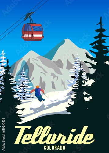 Travel poster Ski Telluride resort vintage. America winter landscape travel card