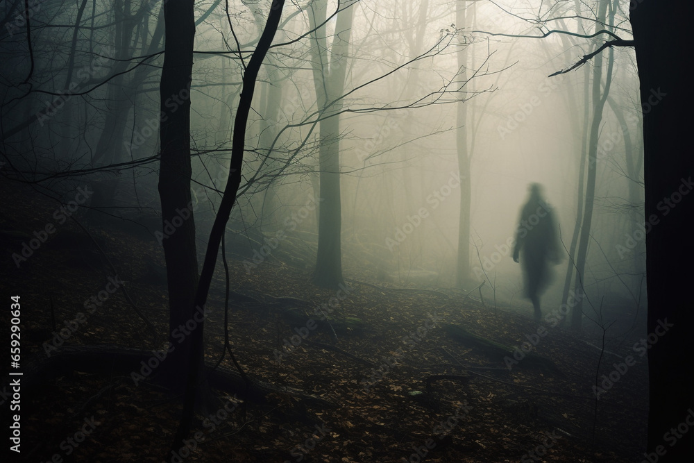 Horror, fantasy, mystery and landscape concept. Dark human or ghost silhouette standing in dark forest. Dense forest covered with mist or fog. Dark tree trunks in background. Generative AI - obrazy, fototapety, plakaty 