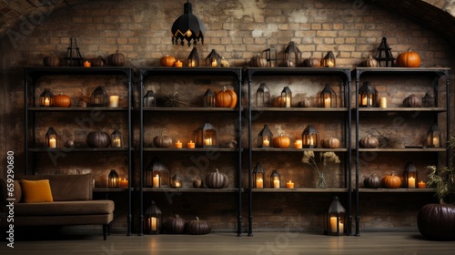 A cozy, warm atmosphere is created in the room by the soft glow of the candles on the wall shelf, adorned with a variety of pumpkins and glass bottles that sparkle in the light
