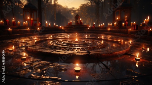 On a hot summer night  a mesmerizing outdoor circular fountain illuminated by dancing flames of flickering candles creates a breathtakingly beautiful lightshow