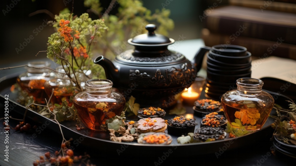 On the cozy indoor table, a bright teapot and warm cookies create a vibrant atmosphere of warmth and hospitality, accompanied by the beauty of a delicate bowl, vase, and flower