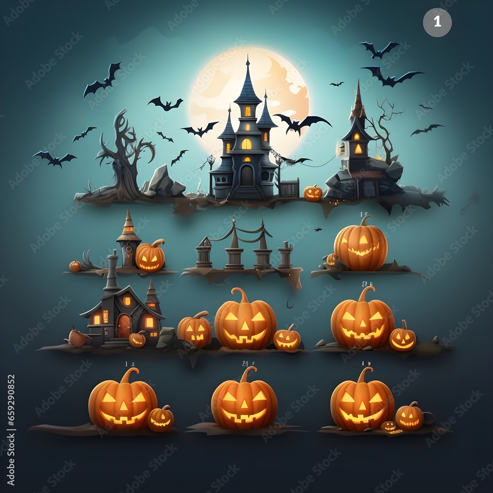 Halloween set of pumpkins, ghosts, haunted house, bats and castle on solid background.
