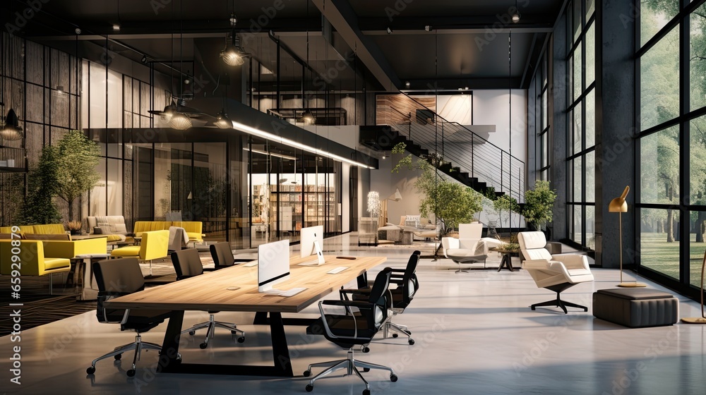 Interior of modern open space office with black walls, concrete floor, rows of computer tables and glass doors - obrazy, fototapety, plakaty 