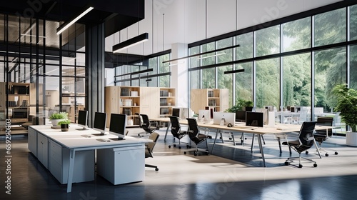 Interior of modern open space office with black walls  concrete floor  rows of computer tables and glass doors