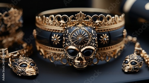 This stunning gold and black bracelet with a skull on it exudes a wild and daring style, perfect for adding a bold and powerful statement to any accessory collection