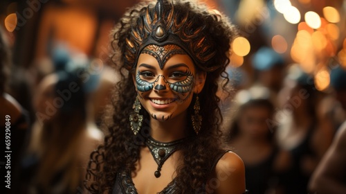 A smiling woman stands outdoors wearing a colorful, ornate crown and face paint, embracing her vibrant personality and expressing her joy to the world