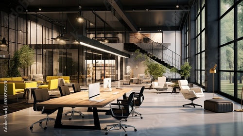 Interior of modern open space office with black walls, concrete floor, rows of computer tables and glass doors photo