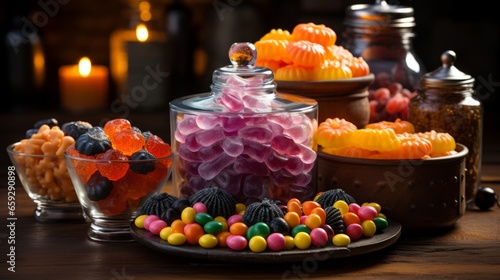 A bright array of colorful candies sparkle invitingly on a table, filling the room with the sweetness of sugary delight and tempting all to partake in a delicious dessert of confectionery delights photo