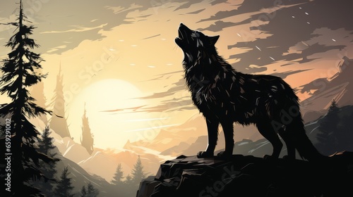 A majestic wolf howls against a vivid backdrop of a snow-capped mountain range illuminated by a glowing sunset, symbolizing the wildness of nature and the beauty of the outdoors © Envision