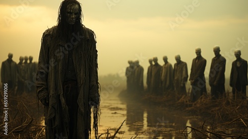 Against the vibrant hues of the setting sun, a line of silhouetted zombies stands stoically in a thick fog, their faces upturned to the vast sky above