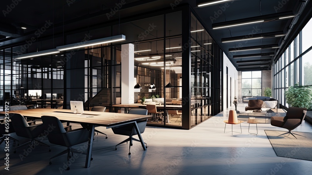 Interior of modern open space office with black walls, concrete floor, rows of computer tables and glass doors Interior of modern open space office with black walls, concrete floor, rows of computer tables and glass doors