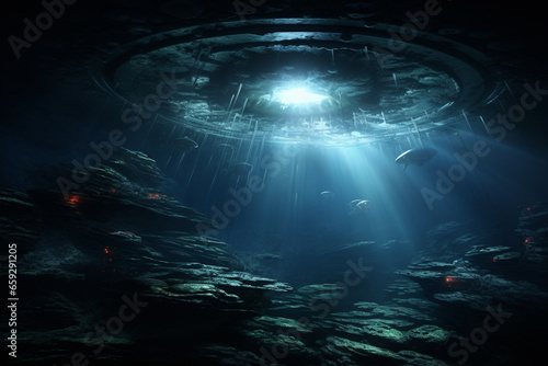 Sci-fi and fantasy concept. UFO and extraterrestrial ship swimming in bottom of the ocean. Alien spacecraft flying underwater. Generative AI