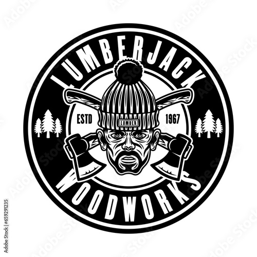 Lumberjack head in knitted hat and crossed axes vector round emblem in vintage monochrome style isolated on white background