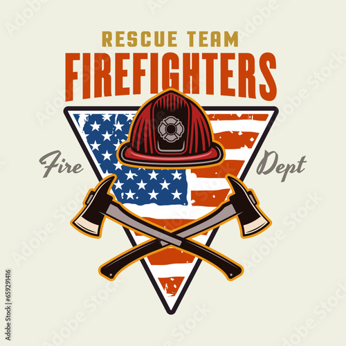 Firefighters vector emblem, logo, badge or label design illustration in colored style with fireman and american flag on light background