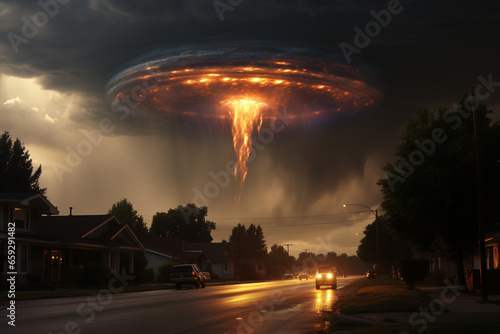 Sci-fi and fantasy concept. UFO and extraterrestrial burning with flames spacecraft flying over houses in small city. Alien spaceship flying over urban area. Generative AI