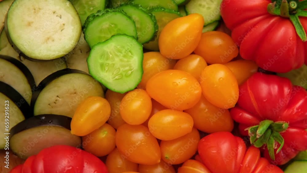 Mixed fresh vegetable background. Healthy eating ingredients. Slice of mix veggies, tomatoes, cucumbers, cherry tomato, eggplant. Nutrition, diet, vegan food. Assorted fruits rotating view closeup 4K	
