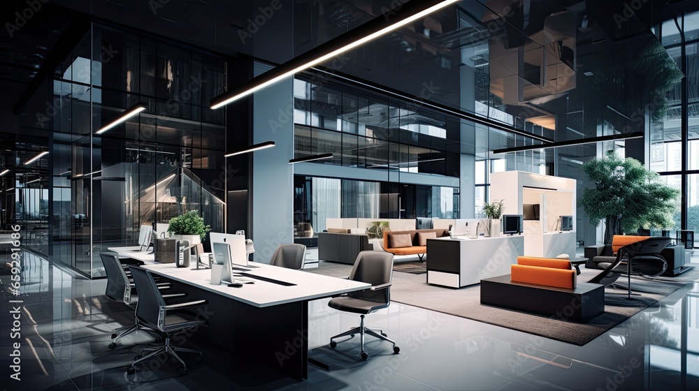 Interior of modern open space office with black walls, concrete floor, rows of computer tables and glass doors Interior of modern open space office with black walls, concrete floor, rows of computer tables and glass doors