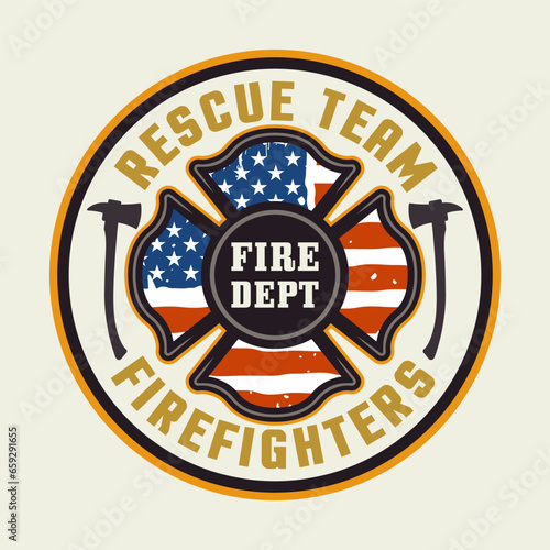 Firefighters vector round emblem, logo, badge or label design illustration in colored style on light background