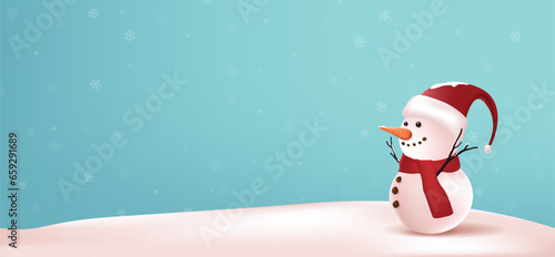 Merry christmas and happy new year greeting card with copy-space and Cute snowman standing in winter christmas landscape snow falling