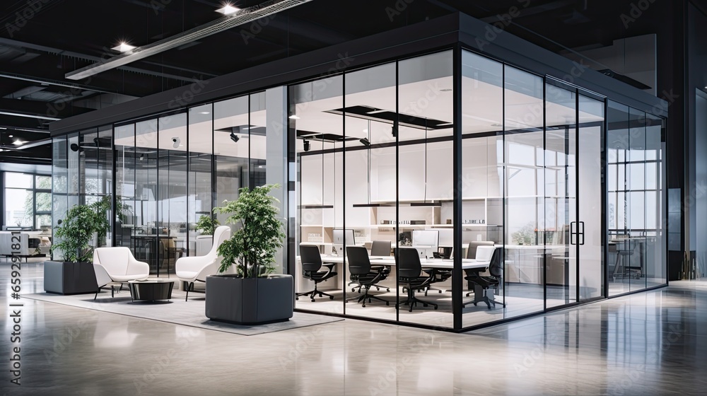 Interior of modern open space office with black walls, concrete floor, rows of computer tables and glass doors - obrazy, fototapety, plakaty 