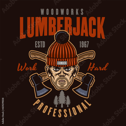 Lumberjack head in knitted hat and crossed axes vector emblem in colored style on dark background