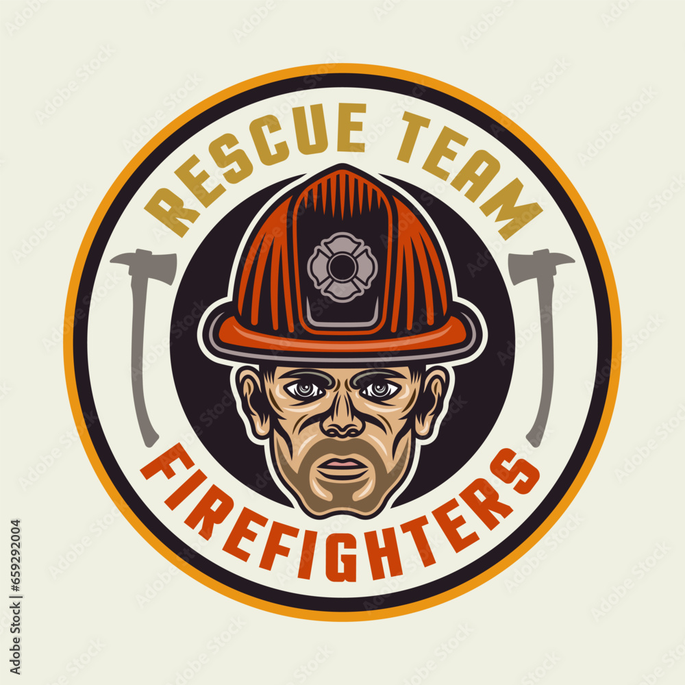Firefighters vector round emblem, logo, badge or label design illustration in colored style on light background