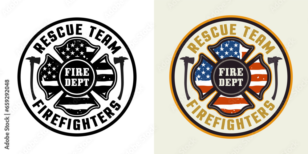 Firefighters vector round emblem, logo, badge or label design illustration in two styles black on white and colored