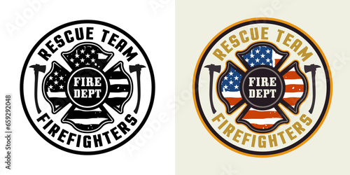 Firefighters vector round emblem, logo, badge or label design illustration in two styles black on white and colored