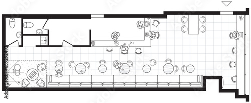 Cafe plan in top view. Floor plan of small restaurant. Arrangement of furniture in the catering interior. Bar design project. Vector 