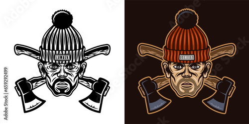 Lumberjack head in knitted hat with bristle and crossed axes. Two styles black on white and colorful on dark background vector illustration