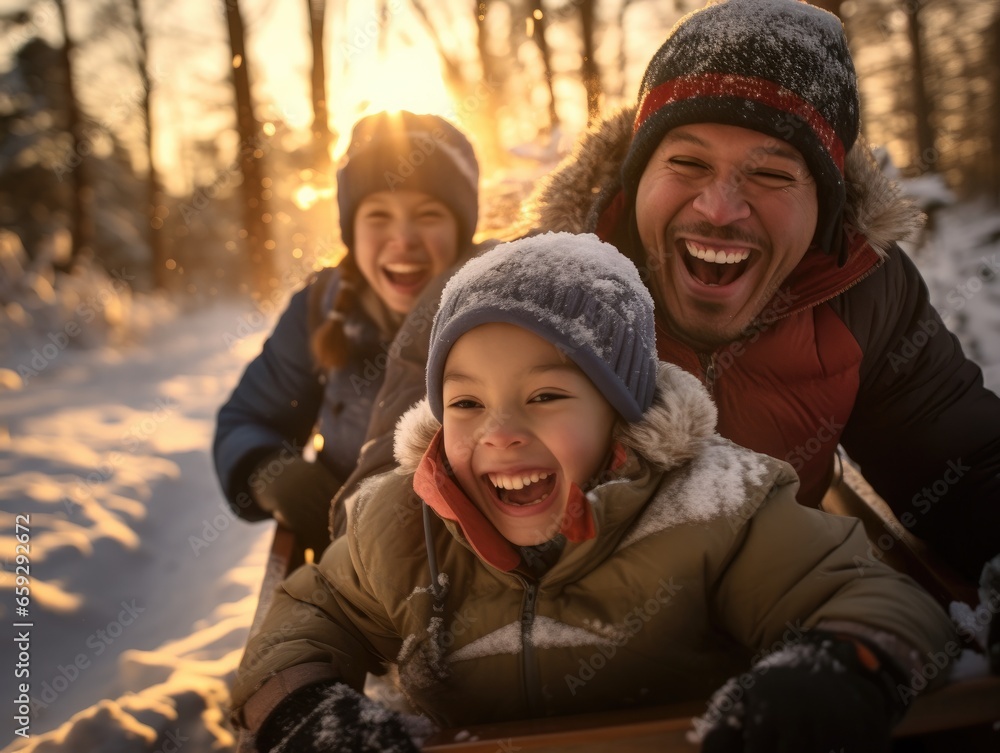 A man and two children on a sled. Generative AI. A man and two children on a sled. Generative AI.