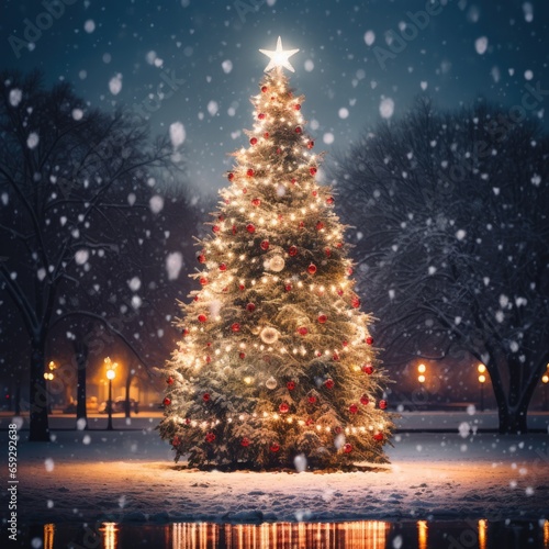 A lighted christmas tree in a snowy park. Generative AI. © Natalia